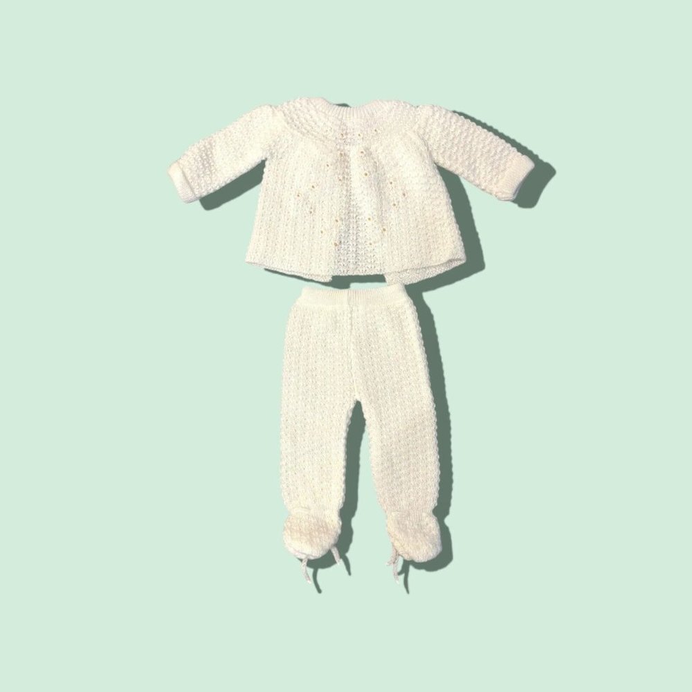 Vtg Italy Knit New Born Baby Layette Ribbon Sweater Pants White Wedding Baptism - Picture 5 of 15